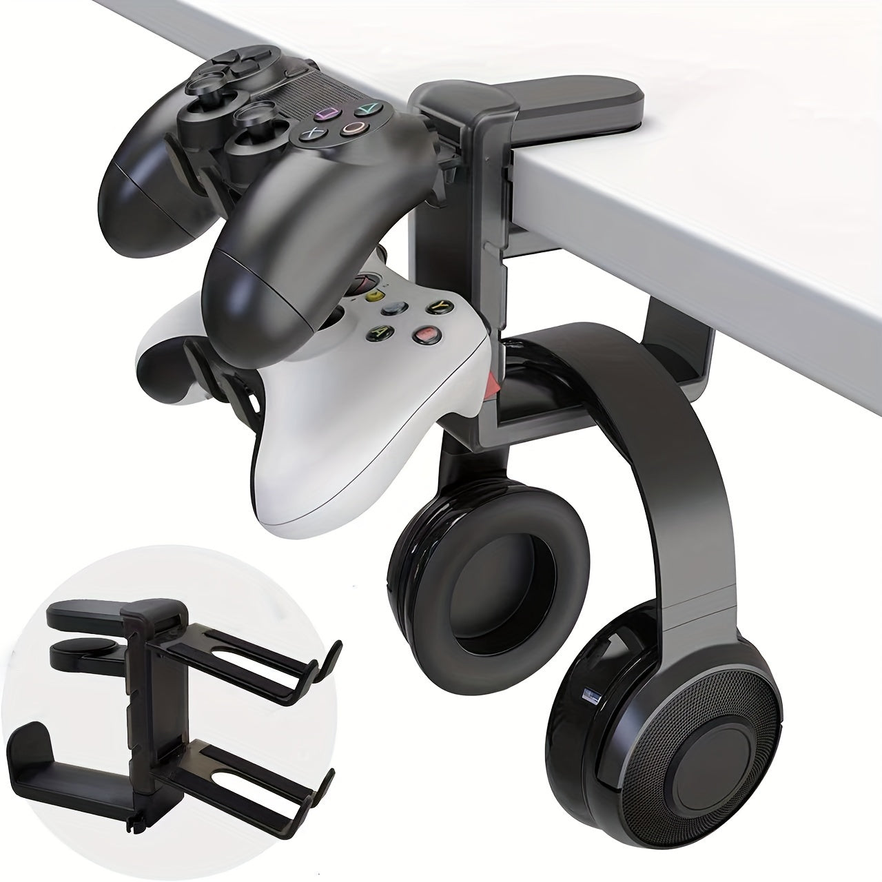 1pc Under-Desk Headphone and Controller Holder - Universal ABS Gaming Headset Stand with Adjustable Rotating Arm Clip, Clamp-on Tabletop Organizer for Controllers with Cable Management