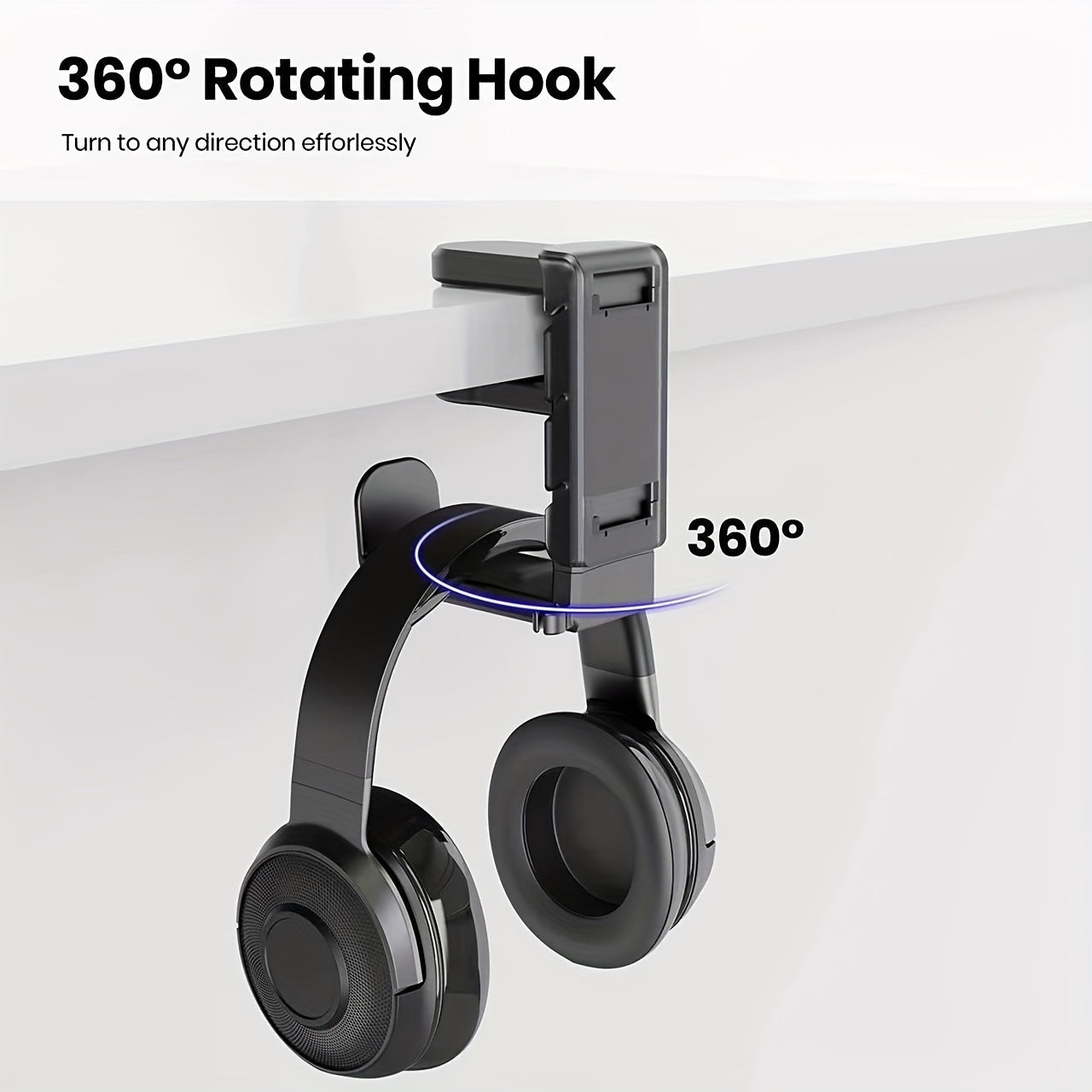 1pc Under-Desk Headphone and Controller Holder - Universal ABS Gaming Headset Stand with Adjustable Rotating Arm Clip, Clamp-on Tabletop Organizer for Controllers with Cable Management